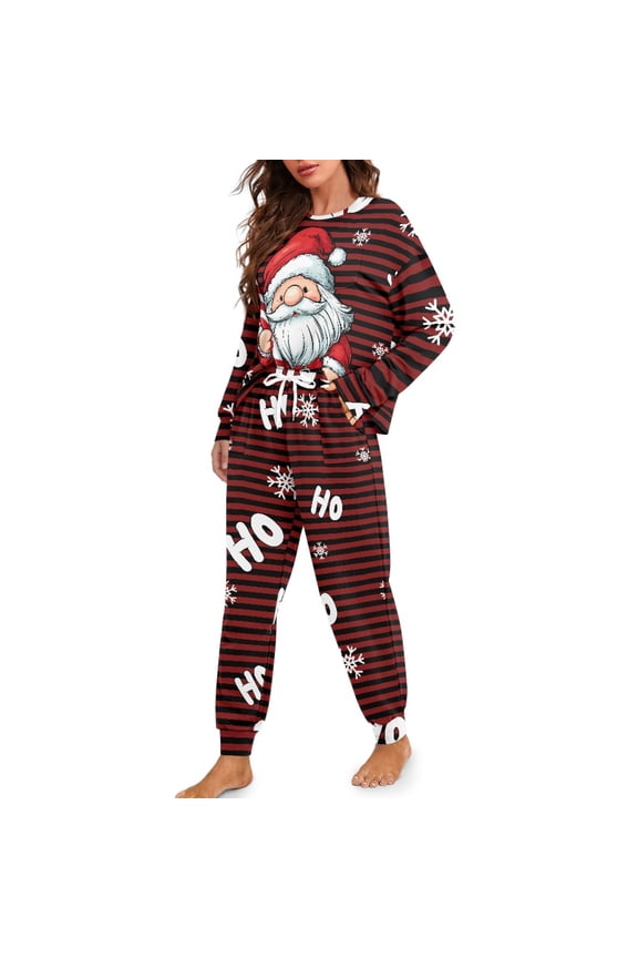Santa Claus Snowflake Print Pajama Set for Women 2 Pcs Pj Sets Casual Fashion Sleepwear with Pocket Long Sleeve Nightwear with Long Pants Round Neck Lounge Set, S