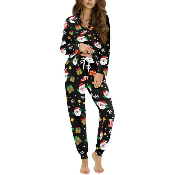 DISNIMO Santa Claus Snowflake Printed Womens Pajamas Set Button Down 2 Piece Pjs Long Sleeve Sleepwear with Long Pants Casual Loose Lounge Wear Sets Christmas Pajama Outfits