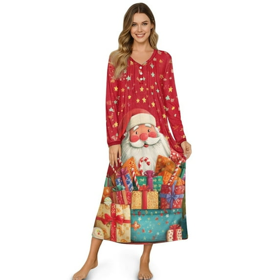 DISNIMO Santa Claus Star Print Women Nightgowns Long Sleeve Sleepwear Full Length Nightshirts Soft Ladies Sleep Shirt, S