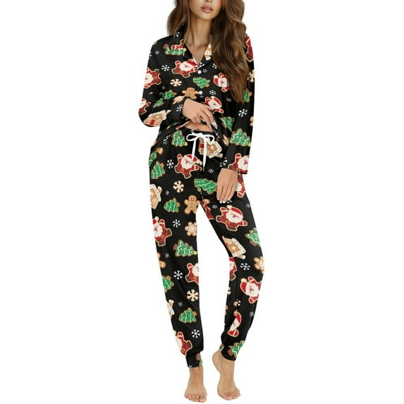 DISNIMO Santa Claus Tree Printed Women's Pajama Sets 2 Piece Pj Sets Long Sleeve Loungewear Button Down Pj Soft V Neck Loungewear with Long Pajama Pants Christmas Nightwear