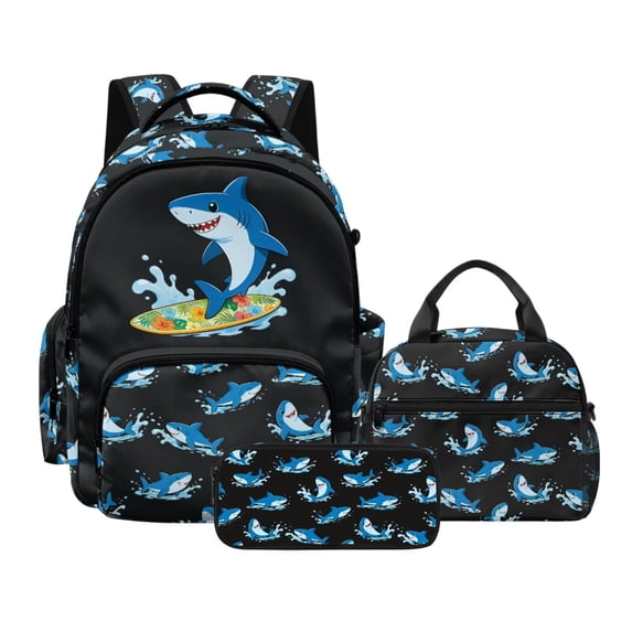 DISNIMO School Backpack 3PCS Sets for Teens Boys, Cartoon Shark Print Lightweight Bookbag with Lunch Bag Set, 17 Inch Large Capacity School Bag with Pencil Case-