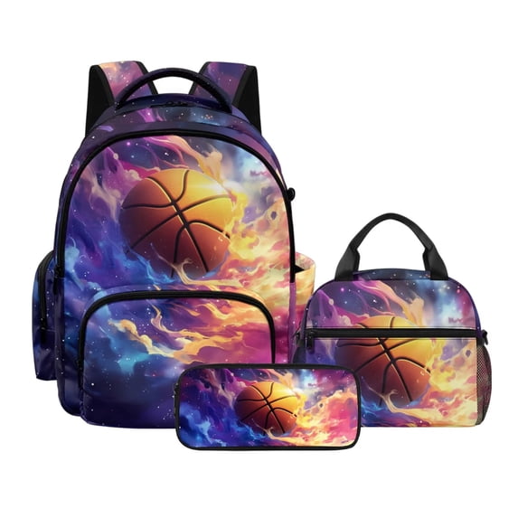 DISNIMO School Backpack for Boys, Basketball Print 3pcs Kids Bookbag Set with Lunch Box Pencil Case, Lightweight Portable Backpack with Adjustable Strap, Back to School Gift