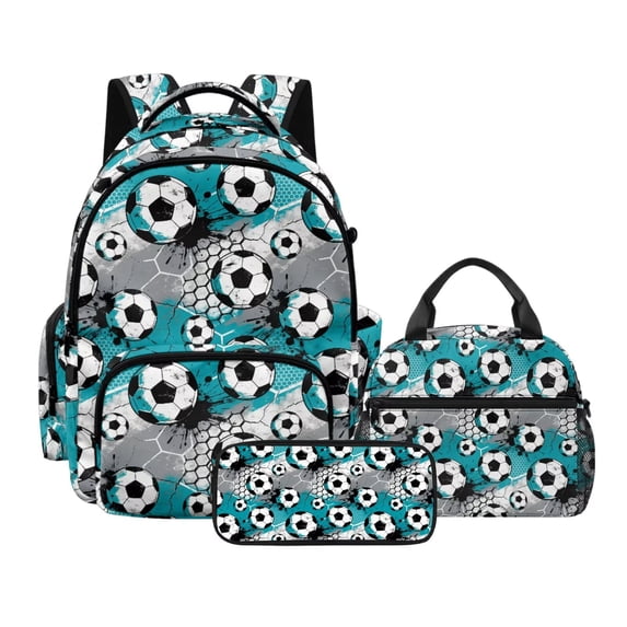 DISNIMO School Backpack for Boys, Soccer Ball Print 3pcs Kids Bookbag Set with Lunch Box Pencil Case, Lightweight Portable Backpack with Adjustable Strap, Back to School Gift