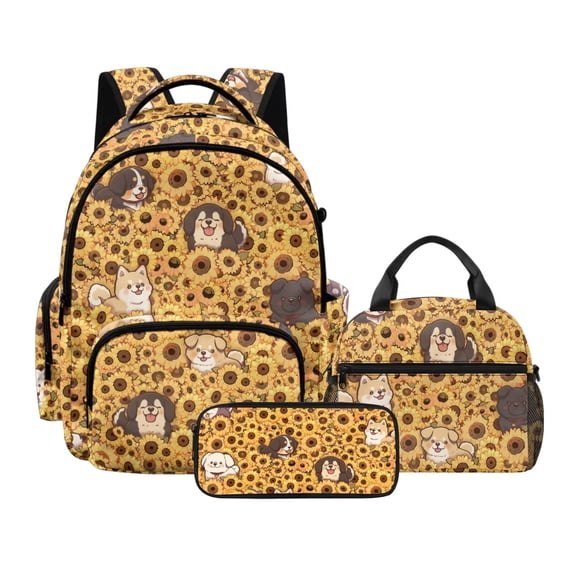 DISNIMO School Bag Set for Girls, Corgi Sunflower Print Large Capacity Backpack Lunch Box and Pencil Case Set for Primary Middle, 17 Inch Lightweight Bookbag for Travel Camping Picnic