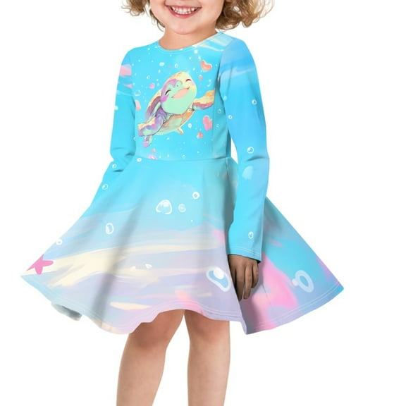 DISNIMO Sea Turtle Dress Girls Blue Dresses Long Sleeve Midi Dress for Girls 5-6 Dresses for Children Fall Swing Dress Girls Twirly Dresses for Little Girls Skater Dress Blue Childrens Dress Girls