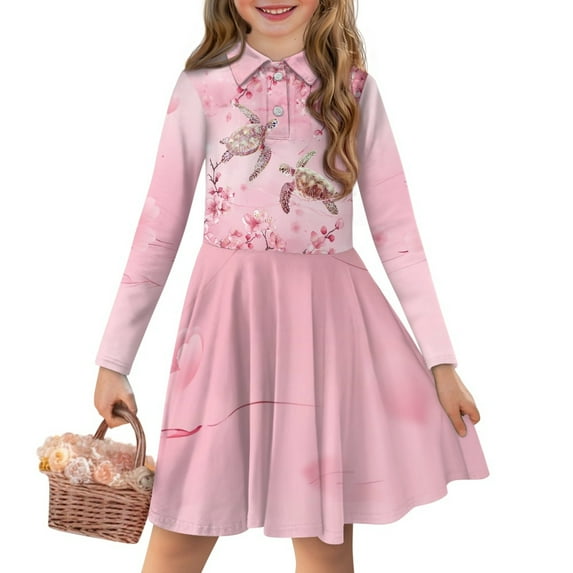 DISNIMO Sea Turtle Dress Girls Cherry Blossom Dress Kids Holiday Casual Dress Long Sleeve Midi Dress Girls Twirling Dress Outfits for Girls Swing Dresses for Girls Skater Dress with Animals 5-6