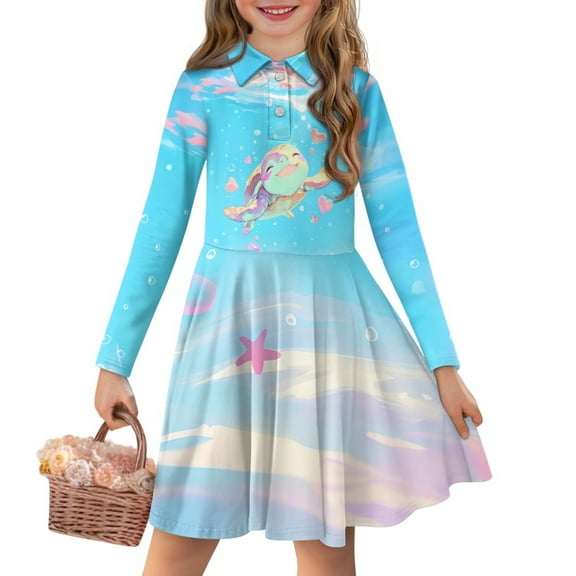 DISNIMO Sea Turtle Dress Girls Heart Dresses Long Sleeve Girls Middle School Fall Dance Dress Girls Back School Dress Kids First Day School Clothes White 13 14 Years Girl Midi Dress Skater Dress Kids