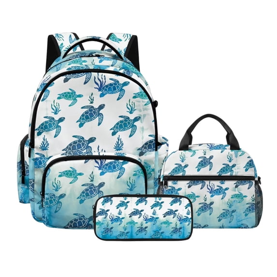 DISNIMO Sea Turtle Print 3 Pcs Boys Backpack with Lunch Box, Large Lightweight School Bags with Insulated Lunch Box, 17 Inch Kids Bookbags Set with Pencil Case for Elementary School Students
