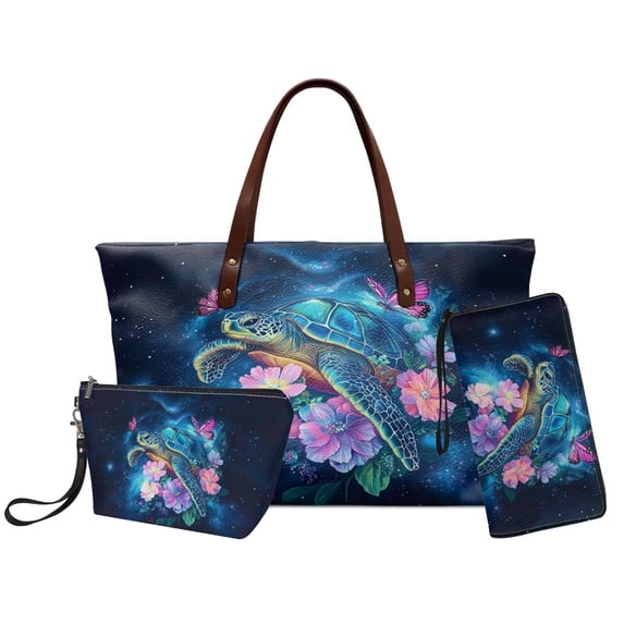 DISNIMO Sea Turtle Print Handbag Set of 3 Flower Butterfly Print Tote Bag with Wristlet Wallet and Makeup Bag PU Leather Top Handle Handbag, Blue