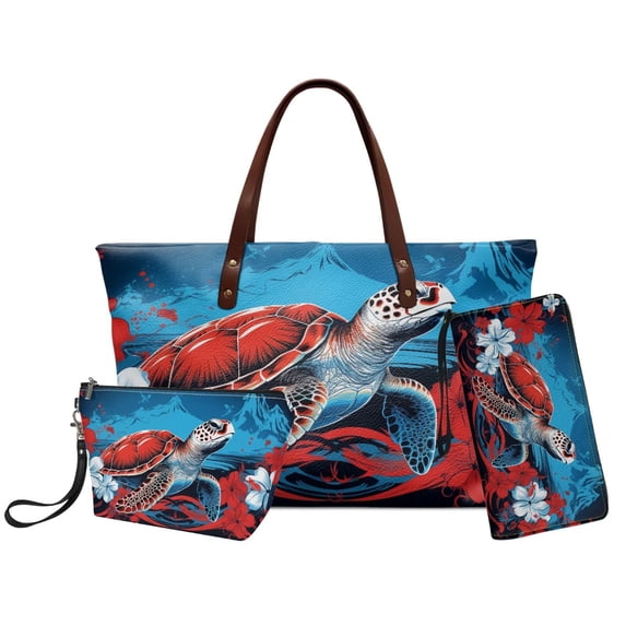 DISNIMO Sea Turtle Print Handbag Wallet Set for Women 3Pack Tote Bag Set with Zipper PU Leather Top Handle Handbag with Makeup Pouch and Wristlet Wallet