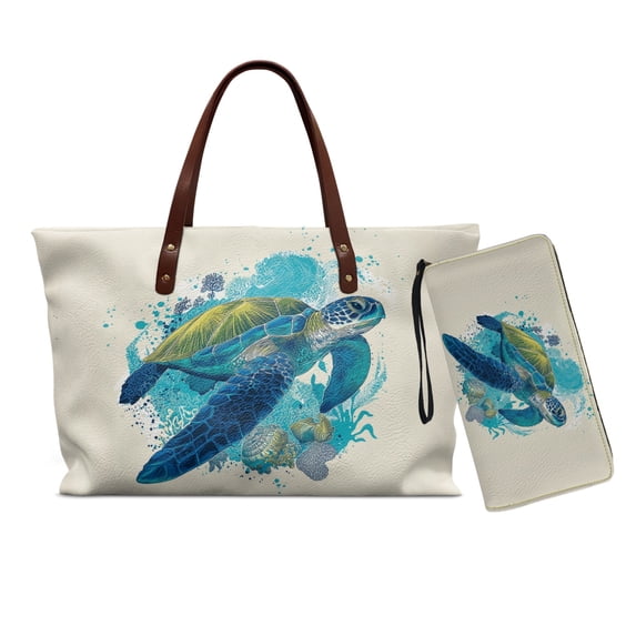 DISNIMO Sea Turtle Print Handbag Wallet Set for Women Fashion Satchel Shoulder Bag with Zipper Closure Portable Leather Tote Bag Purse for Ladies