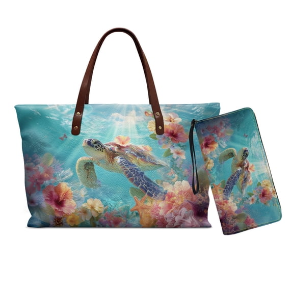 DISNIMO Sea Turtle Print Handbag and Wallet Set of 2 Stylish Leather Tote Satchel Bag with Wristlet Wallet Portable Ladies Purse, Gift for Mom Wife