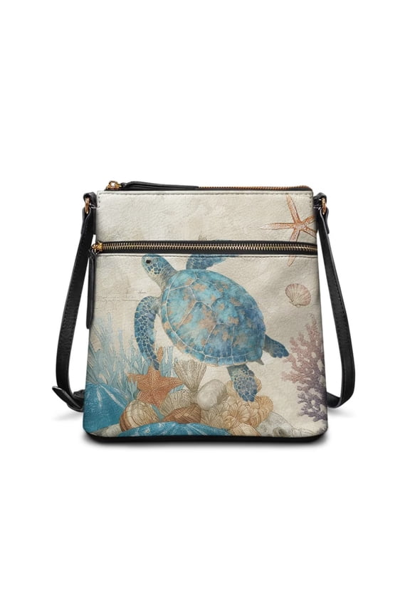 Sea Turtle Print Messenger Handbag with Zipper Women's Leather Handbag Crossbody Bag Purse with Adjustable Strap for Work Travel Daily Use