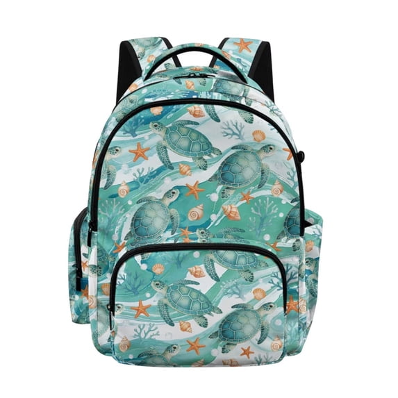 DISNIMO Sea Turtle Print Multi-pocket School Backpack, Water-resistant Lightweight Daypack with Adjustable Padded Straps for Elementary & Middle School Students Daily Use