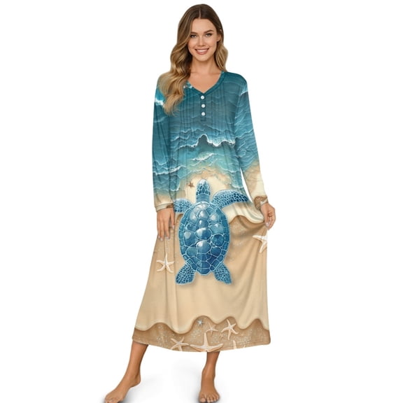DISNIMO Sea Turtle Print Women Nightgowns Long Sleeve Sleepwear Comfy V Neck Nightshirts Button Front Sleepshirts Full Length Night Gowns, 3XL