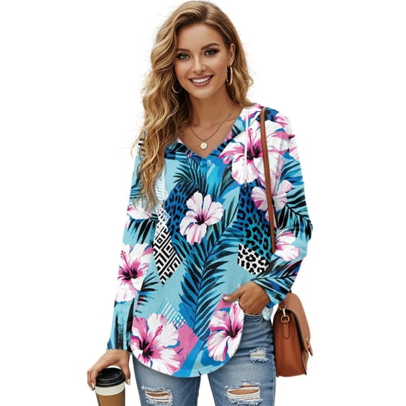 DISNIMO Sea Turtle Printed Hoodies for Women Hibiscus Flowers Printed Sweatshirts V Neck Pullover Tops Long Sleeve Shirts for Fall Winter, 3XL
