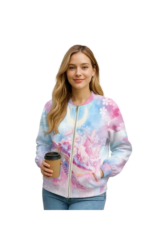 Sea Turtle Printed Jackets for Women Cherry Blossom Printed Outwear Long Sleeve Sweatshirts Fall Winter Outfits, 3XL