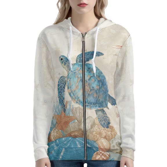 DISNIMO Sea Turtle Printed Women's Zip Up Hoodies Lightweight Hooded Jackets Casual Sport Sweatshirt for Fall Winter, L