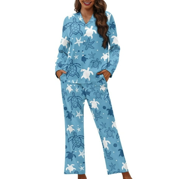 DISNIMO Sea Turtle Starfish Printed Women's 2 Piece Lounge Sets Long Sleeve Sleepwear with Matching Long Pants Soft V Neck Pajama Set Button Up Nightwear with Pockets, XS