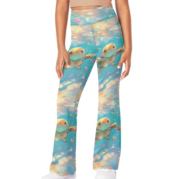 DISNIMO Sea Watercolor Flare Yoga Pants for Women Soft High Waist Bootcut Pants Bootleg Stretch Tummy Control Workout Leggings for Kids Bell Bottom Pants for Girls 7-8