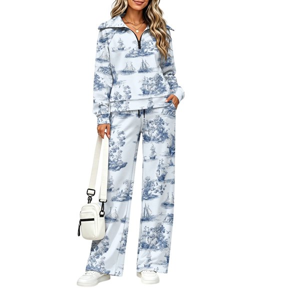 DISNIMO Seascape Pattern Women's 2 Piece Sweat Set, Collared 2 Piece Sweatsuits Half Zip Lounge Sets with Stand Up Collar Quarter Zip for Fall, Size S