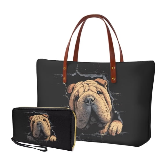 DISNIMO Shar Pei Print Handbag Wallet Set for Women Large Tote Bag Portable Lightweight Satchel Shoulder Bag for Work Party Shopping