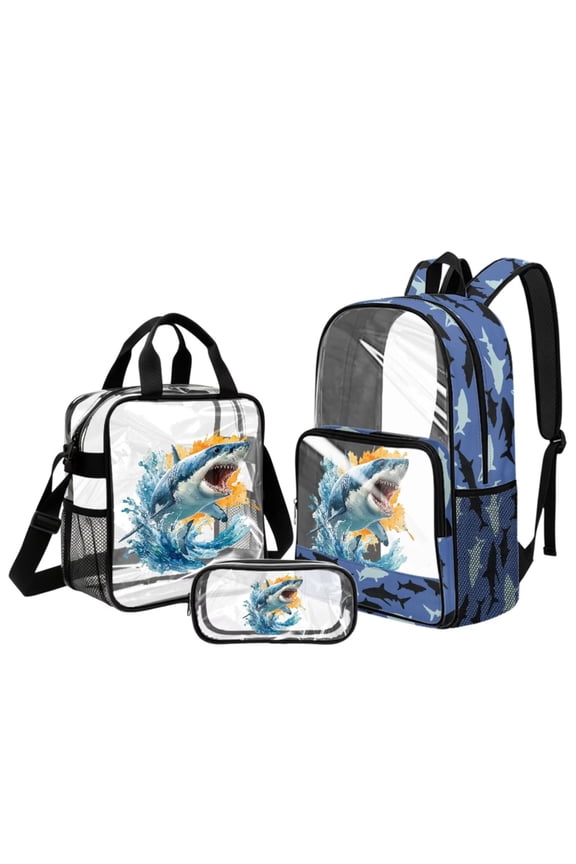 Shark Print 17 Inch Clear Backpack for School, Heavy Duty PVC See Through School Bookbag with Lunch Bag & Pencil Case, Back to School Gift for Boys