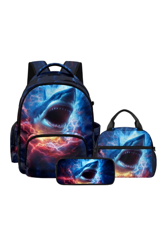Shark Printed Backpack for Boys, 3pcs Backpack Set with Lunch Box & Pencil Pouch, Middle-School Elementary Bookbag, Back to School Gift-