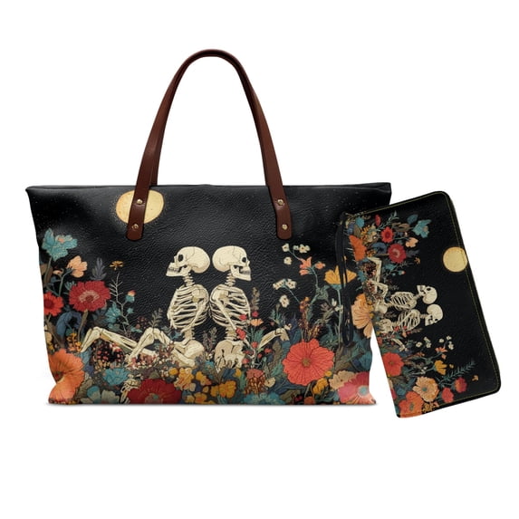 DISNIMO Skeleton Flower Print Handbag and Wallet Set of 2 PU Leather Tote Bag Purse with Matching Wallet Fashion Satchel Shoulder Purse with Zipper
