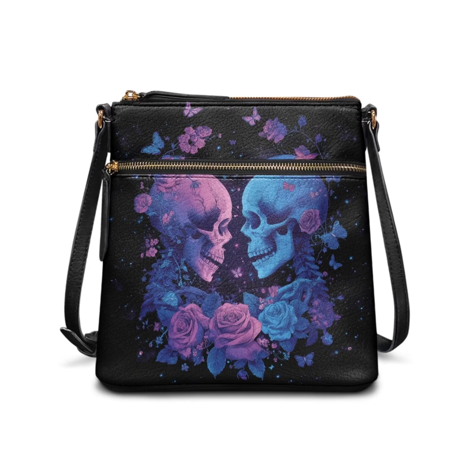 DISNIMO Skeleton Rose Print Crossbody Bag Purse for Women PU Leather Messenger Handbag with Adjustable Strap Stylish Shoulder Bag for Work Daily Use Shopping