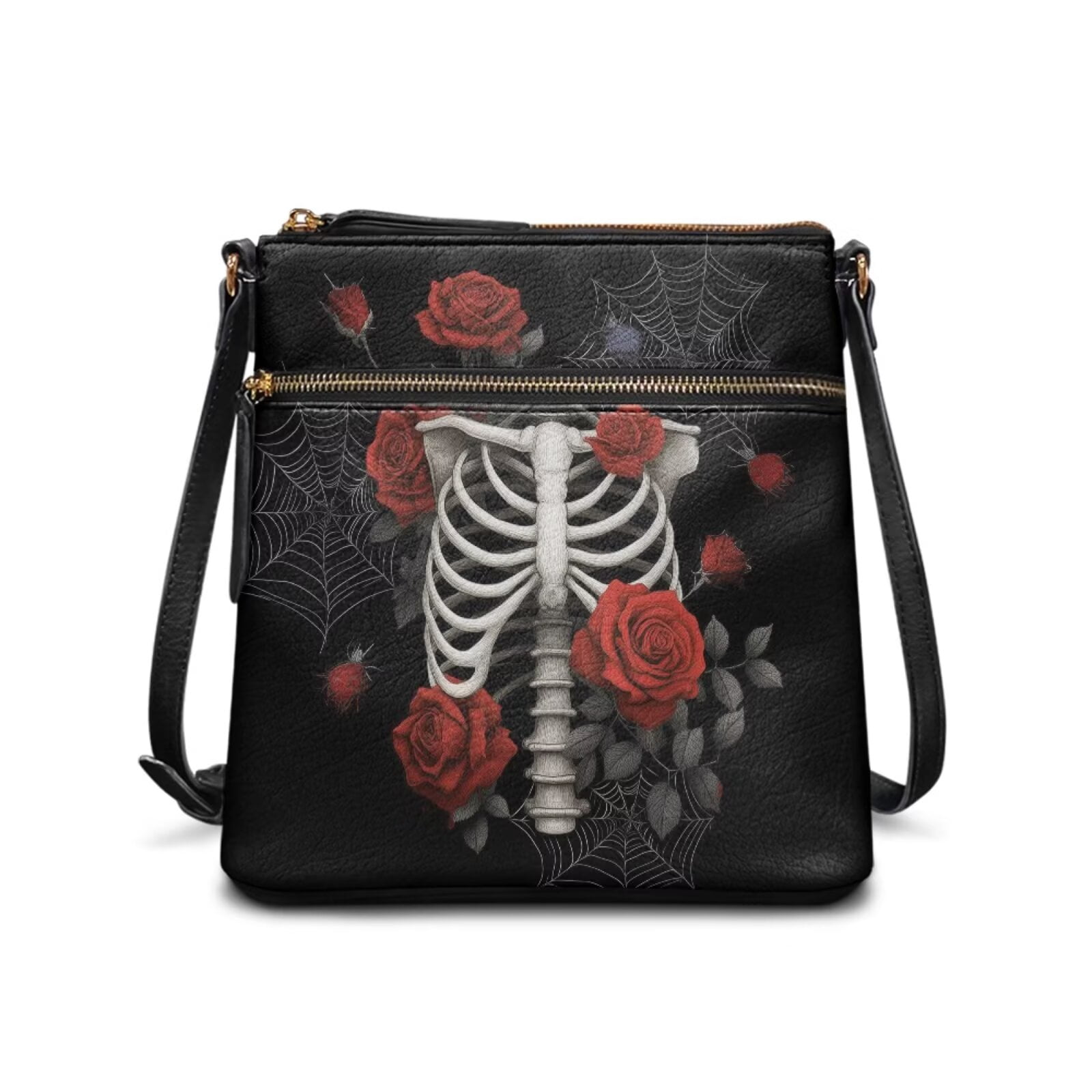 DISNIMO Skeleton Rose Print Crossbody Handbag Purse Spider Web Print Satchel Shoulder Purse PU Leather Messenger-Bag with Removable Straps and Zipper Closure