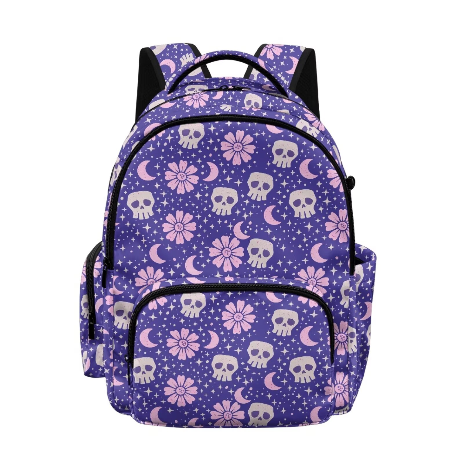 Mochila escolar con estampado de calaveras y flores, correa ajustable, compartimentos múltiples, resistente a desgarros y ligera para estudiantes de primaria y secundaria