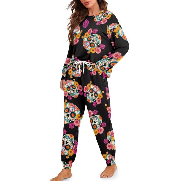 DISNIMO Skull Flower Print Women's Long Sleeve Pajama Sets with Pocket Casual Round Neck 2 Piece Nightwear Sets Pullover Top Matching Long Pants Lounge Set, L
