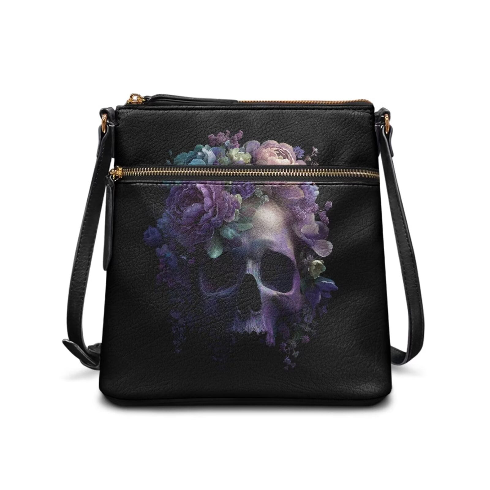 DISNIMO Skull Peony Print Crossbody Handbag PU Leather Shoulder Bag Purse with Zipper Lightweight Fashion Messenger Handbag for Work Shopping Travel