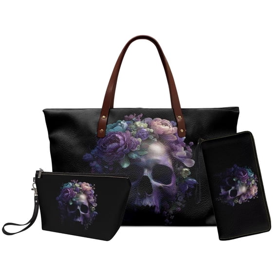 DISNIMO Skull Peony Print Tote Satchel Bags for Women 3Pcs Leather Women's Handbag Set Fashion Hobo Handbag with Wristlet Wallet and Makeup Pouch