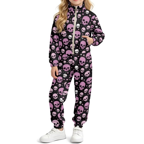 DISNIMO Skull Print Girls 2 Pcs Tracksuit Zip-Up Jacket Track Pant Set Long Sleeve Sweatsuit with Pockets Halloween Hip Hop Dance Clothes for Girls Ages 4-13 Years