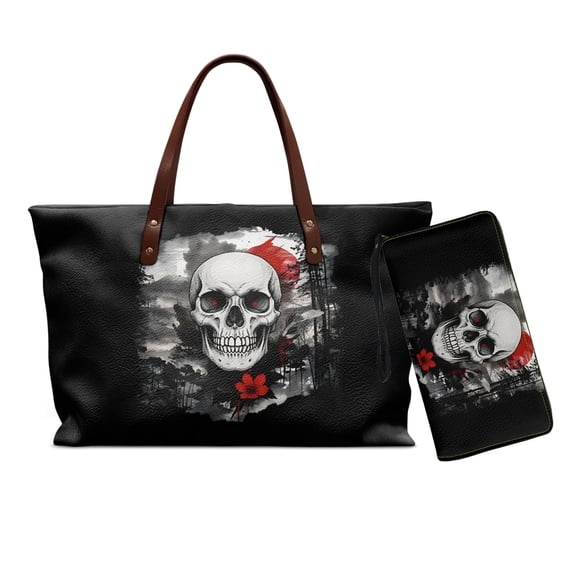 DISNIMO Skull Print Purse and Wallet Set for Women Large Tote Handbag PU Leather Satchel Shoulder Bag for Work Party Shopping