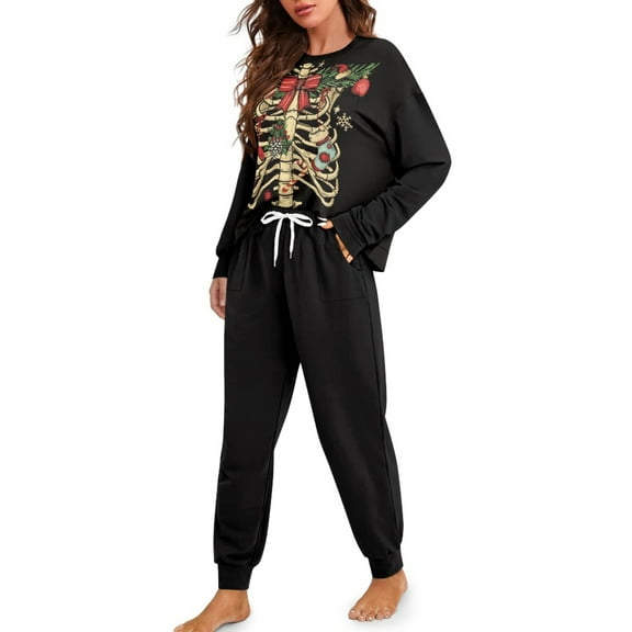 DISNIMO Skull Print Womens Pajama Sets Long Sleeve Sleepwear Matching Long Pants 2 Piece Pjs Set Round Neck Lounge Set Nightwear with Pocket, L