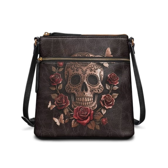 DISNIMO Skull Rose Print Crossbody Handbag Butterfly Print Messenger Hand Bag Purses for Women PU Leather Satchel Shoulder Bag Zipper Closure