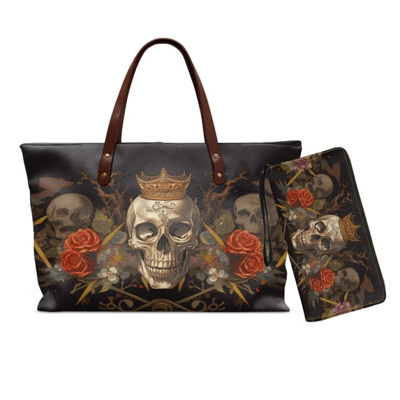 DISNIMO Skull Rose Print Handbag Wallet Set for Women Large Tote Bag for Women PU Leather Satchel Shoulder Bag with Wristlet Wallet Purses with Zipper