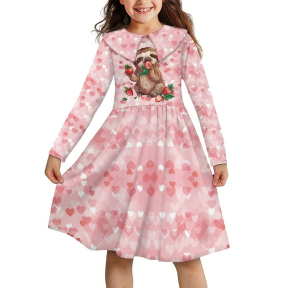 DISNIMO Sloth Dress Girls Strawberry Dresses Girls 5/6 Long Sleeve Dress for Children Girls Dresses Fall Child Dress with Collar for Girls Casual Midi Dress Girls Heart Dress for Kids Twirl Dress