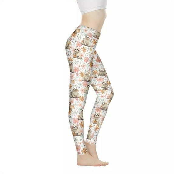 DISNIMO Sloth Floral Printed High Waisted Yoga Pants for Women, Soft Workout Leggings Breathable Yoga Pants Leggings for Workout Sport, White, 2XL