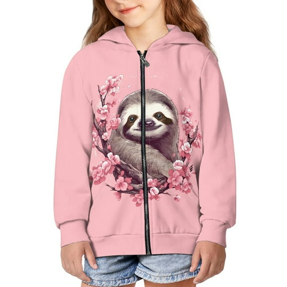 DISNIMO Sloth Hoodie Kids Cherry Blossom Hoodies Boys Hoodie Zip Up Girl Hoodies Graphic Sweatshirts Girl Print Sweatshirt Jacket Girls Hooded Jackets Size 6-7 Little Girl Fall Clothing Children