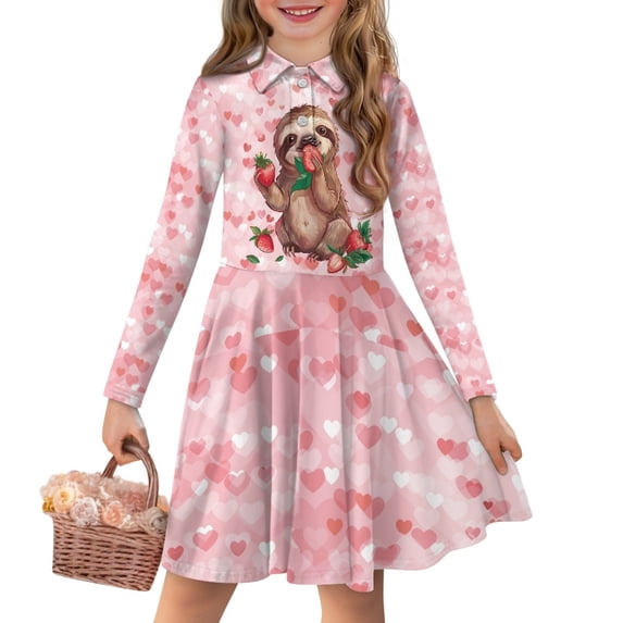 DISNIMO Sloth Strawberry Heart Dress Kids 5-6 Animal Dress Girls Long Sleeve Swing Dress Girl Collared Dress Kids Button Dress for Girls Skater Dress Children Girls Dress Outfits Medium Length