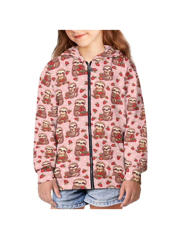 Sloth Strawberry Hoodie Girls 6-7 Graphic for Gym Hoodie Girls Heart Hooded Sweatshirt Zip Hoodie Kids Animal Jacket Fall Hooded Jackets Girl Sweatshirts Hoodies Little Child Zip Up Hoodie