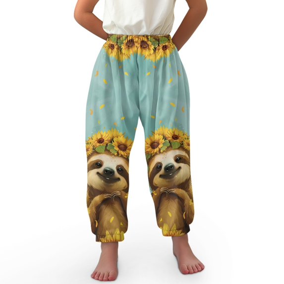 DISNIMO Sloth Sunflower Pants for Girls Harem Pants High Waist Joggers Casual Beach Pants for Girls Elastic Waist Pants for Kids Long Baggy Pants for Girls Polyester Pants for Girls Trousers 8-12
