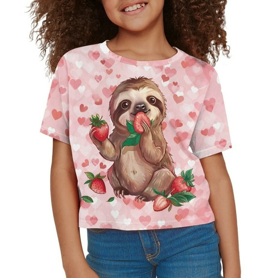 DISNIMO Sloth Tee Shirts for Girls Strawberry Shirt Kids Heart Tee for Children Crop Top Short Sleeve Girls Shirts Clothing Crew Neck Tshirt Girls Casual Tops Short Sleeve Girls T-Shirt 6-8