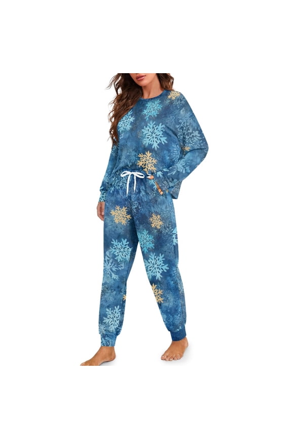 Snowflake Print Women Pajama Sets 2 Piece Pj Sets Long Sleeve Sleepwear with Long Pants Round Neck Loungewear Christmas Nightwear, M