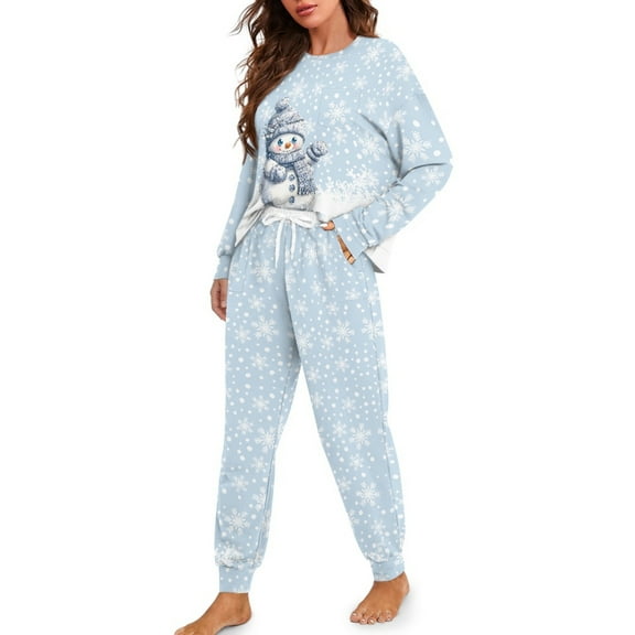 DISNIMO Snowman Snowflake Print Women Pajama Sets 2 Piece Pj Sets Long Sleeve Sleepwear with Long Pants Round Neck Loungewear Christmas Nightwear, L