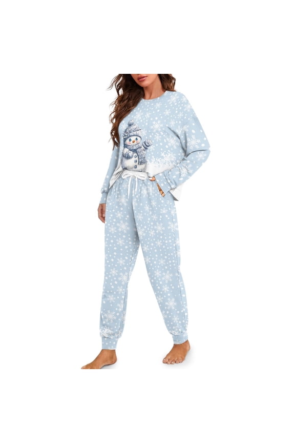 Snowman Snowflake Print Women Pajama Sets 2 Piece Pj Sets Long Sleeve Sleepwear with Long Pants Round Neck Loungewear Christmas Nightwear, XL